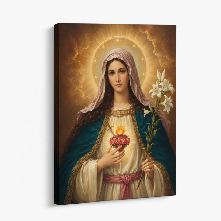 Cuadro en lienzo Virgen del Sagrado Corazón con tonos dorado, azul profundo, marfil y virgen maría, corazón en llamas, lirios bl