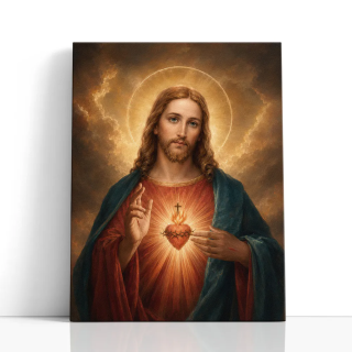 Cuadro en lienzo Sagrado Corazón de Jesús con tonos dorado, rojo, azul profundo y sagrado corazón, jesús, halo dorado