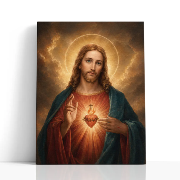 Cuadro en lienzo Sagrado Corazón de Jesús con tonos dorado, rojo, azul profundo y sagrado corazón, jesús, halo dorado