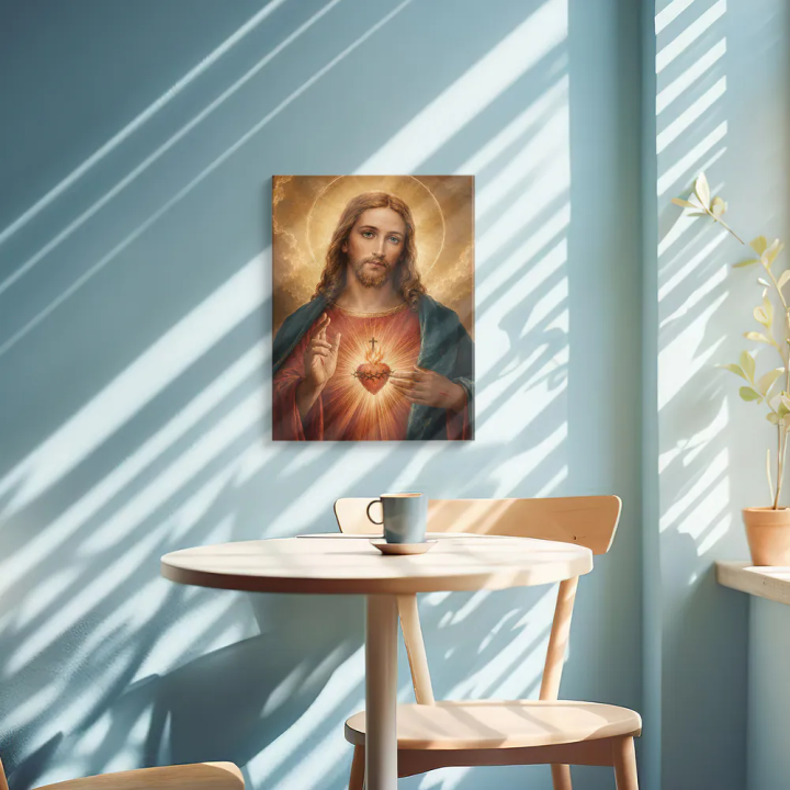 Cuadro en lienzo Sagrado Corazón de Jesús con tonos dorado, rojo, azul profundo y sagrado corazón, jesús, halo dorado