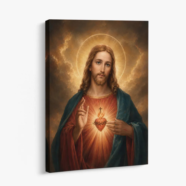 Cuadro en lienzo Sagrado Corazón de Jesús con tonos dorado, rojo, azul profundo y sagrado corazón, jesús, halo dorado