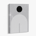 Cuadro en lienzo abstracto con círculo negro, fondo gris texturizado y arcos concéntricos blancos