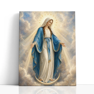 Cuadro en lienzo Virgen de la Medalla Milagrosa con tonos azul celestial, blanco marfil, dorado suave y virgen maría, medalla mi