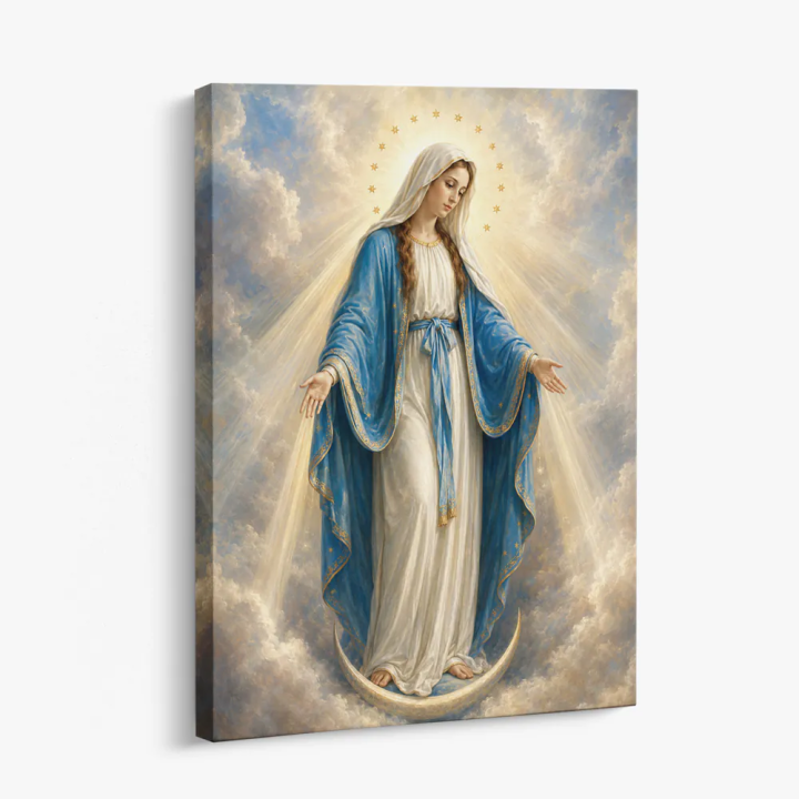 Cuadro en lienzo Virgen de la Medalla Milagrosa con tonos azul celestial, blanco marfil, dorado suave y virgen maría, medalla mi