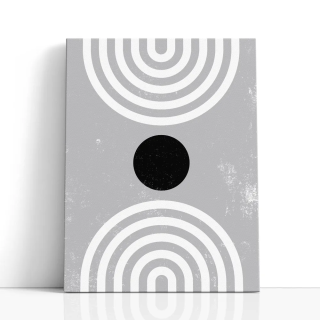 Cuadro en lienzo Línea Gris con tonos gris claro, blanco, negro y círculo negro, arcos concéntricos, gris claro