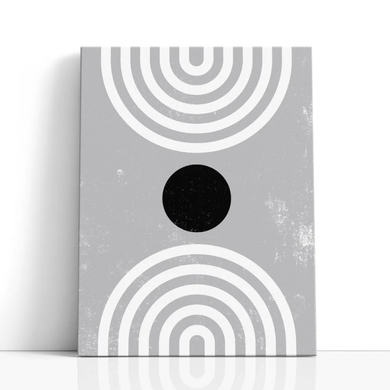 Cuadro en lienzo Línea Gris con tonos gris claro, blanco, negro y círculo negro, arcos concéntricos, gris claro