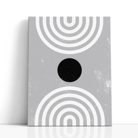 Cuadro en lienzo Línea Gris con tonos gris claro, blanco, negro y círculo negro, arcos concéntricos, gris claro