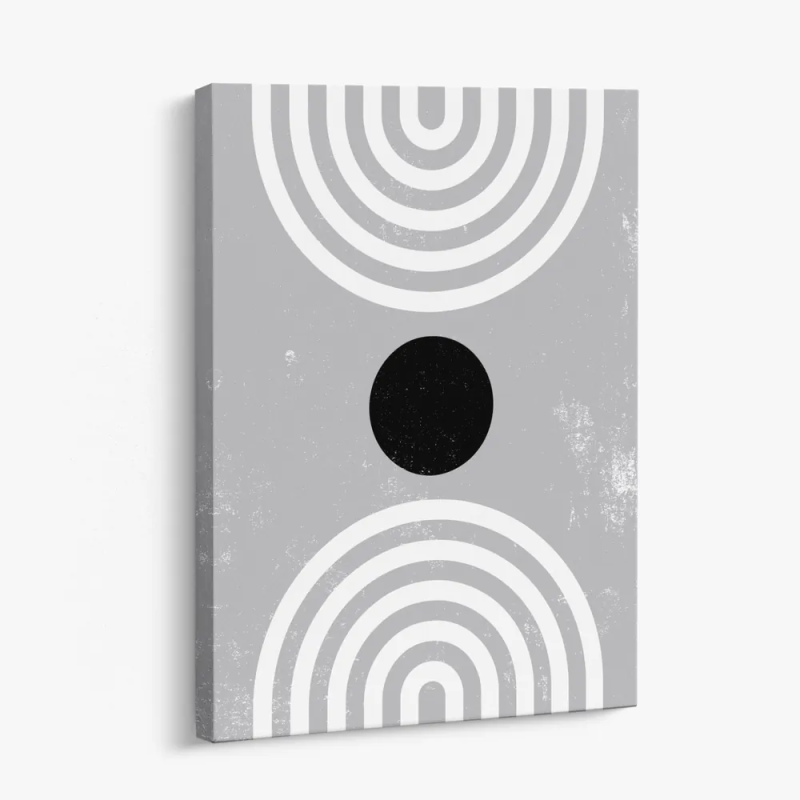 Cuadro en lienzo Línea Gris con tonos gris claro, blanco, negro y círculo negro, arcos concéntricos, gris claro