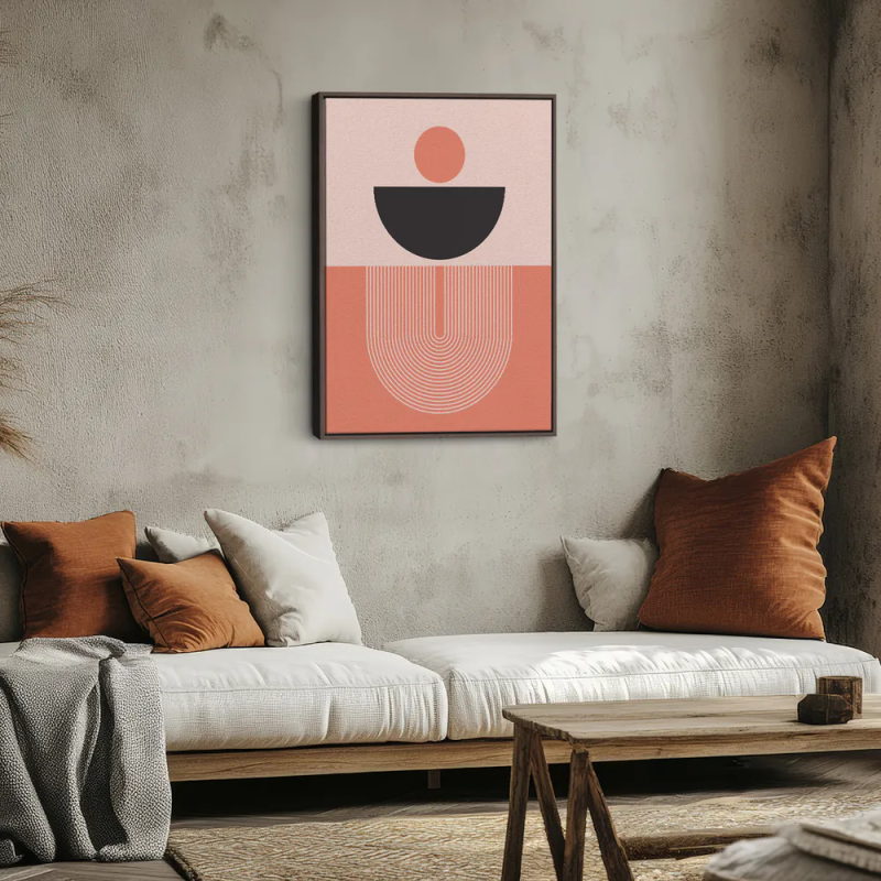 Cuadro en lienzo abstracto geométrico con sol terracota, semicírculo negro y arcos concéntricos sobre fondo rosa empolvado