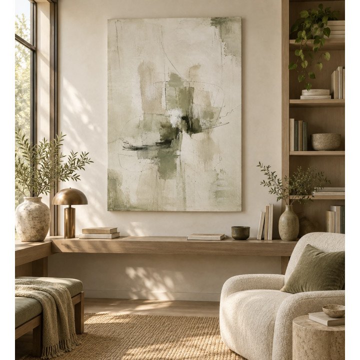 Levedad, cuadro abstracto en marfil, crema y verde salvia, impreso en lienzo tensado en bastidor.
