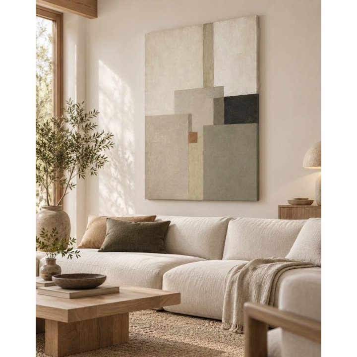 Equilibrio, cuadro geométrico en marfil, beige y gris oliva, en lienzo tensado en bastidor | LASACA