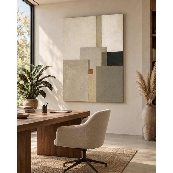 Equilibrio, cuadro geométrico en marfil, beige y gris oliva, en lienzo tensado en bastidor | LASACA