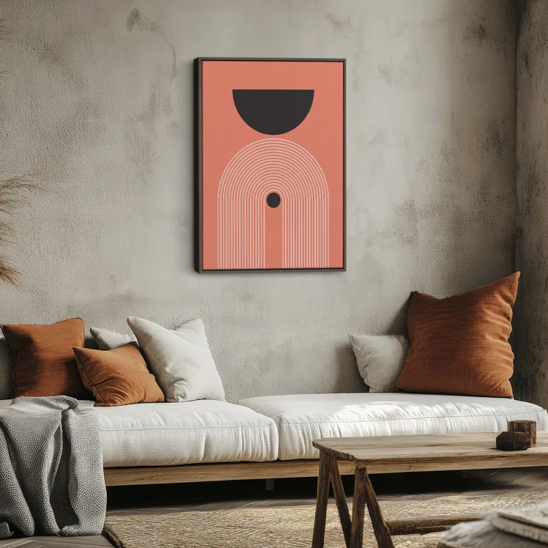 Cuadro en lienzo Órbita Coral con tonos coral, negro, crema y semicírculo negro, arcos concéntricos, fondo coral