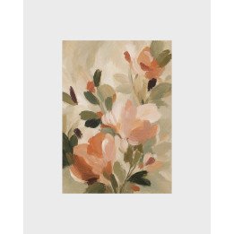 Serenata, cuadro floral en durazno, rosa y crema con hojas verdes, en lienzo tensado en bastidor | LASACA