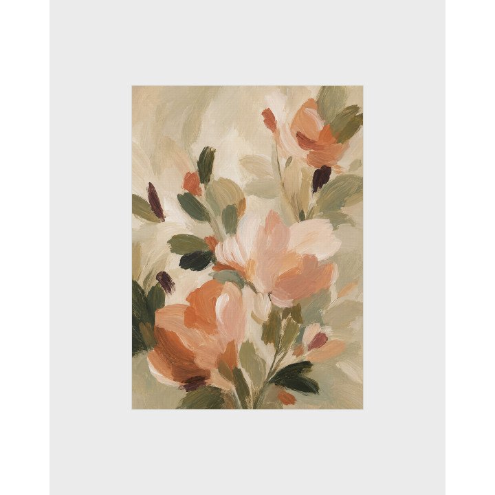 Serenata, cuadro floral en durazno, rosa y crema con hojas verdes, en lienzo tensado en bastidor | LASACA