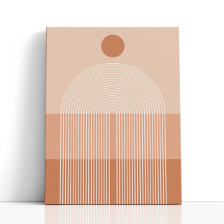 Cuadro en lienzo abstracto con círculo terracota, fondo melocotón y arcos blancos concéntricos