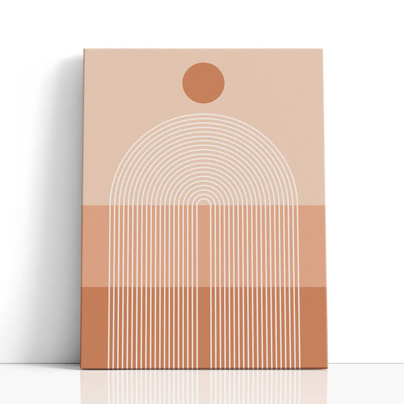 Cuadro en lienzo abstracto con círculo terracota, fondo melocotón y arcos blancos concéntricos