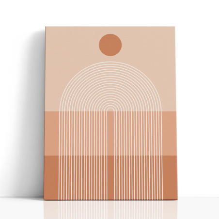 Cuadro en lienzo abstracto con círculo terracota, fondo melocotón y arcos blancos concéntricos
