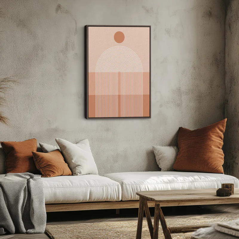 Cuadro en lienzo abstracto con círculo terracota, fondo melocotón y arcos blancos concéntricos