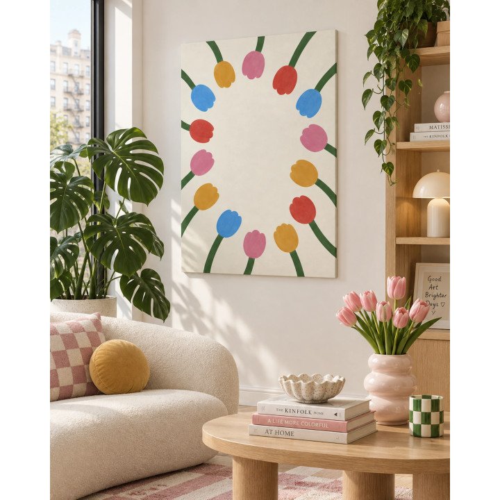 Ronda Floral, flores multicolor alrededor de un centro marfil | Lienzo en bastidor | LASACA