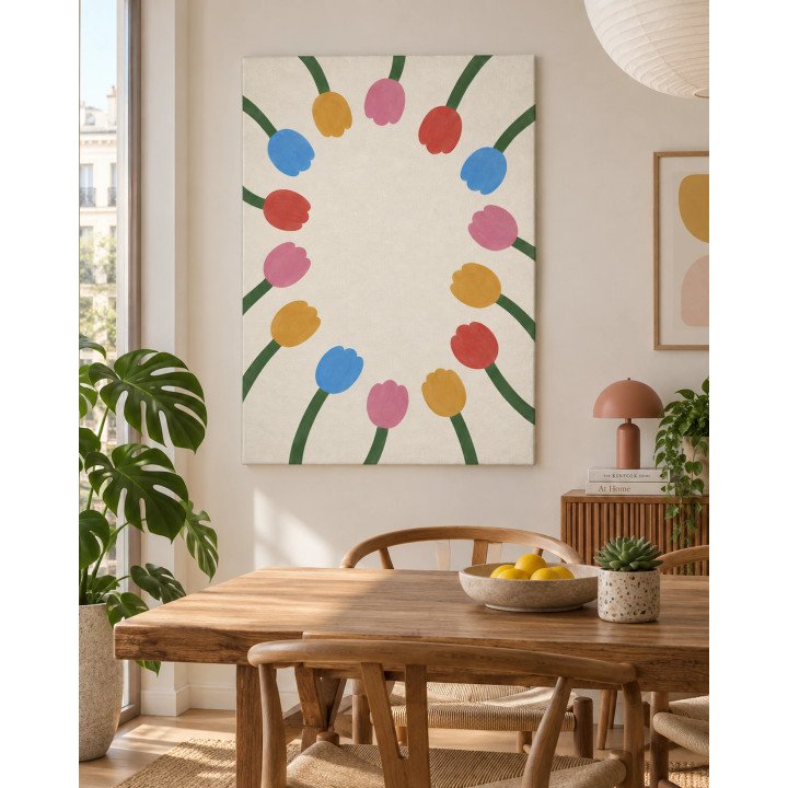Ronda Floral, flores multicolor alrededor de un centro marfil | Lienzo en bastidor | LASACA