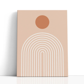 Cuadro en lienzo abstracto minimalista con círculo terracota y arcos concéntricos crema sobre fondo durazno