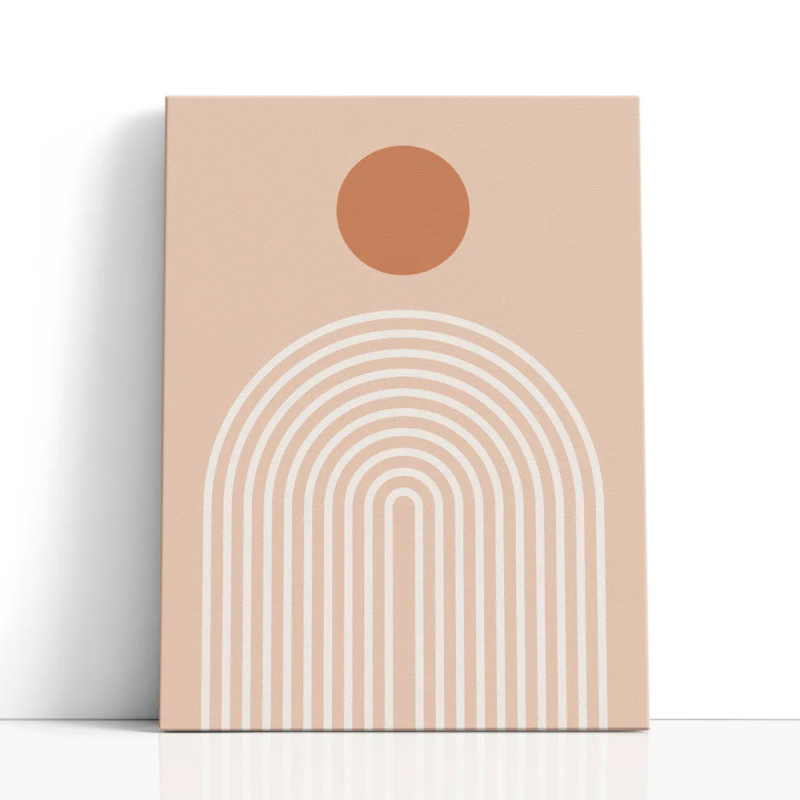 Cuadro en lienzo abstracto minimalista con círculo terracota y arcos concéntricos crema sobre fondo durazno