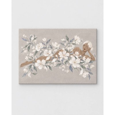 Florecer Serena, figura recostada entre flores blancas, horizontal | Lienzo en bastidor | LASACA