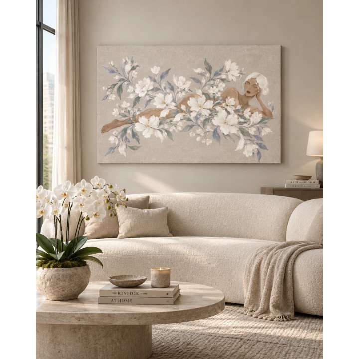 Florecer Serena, figura recostada entre flores blancas, horizontal | Lienzo en bastidor | LASACA