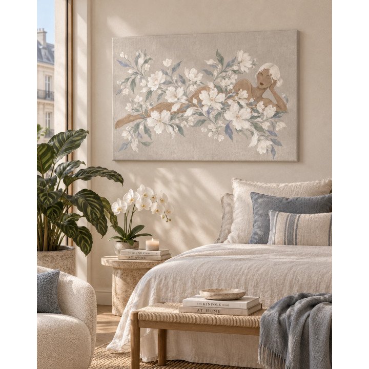 Florecer Serena, figura recostada entre flores blancas, horizontal | Lienzo en bastidor | LASACA