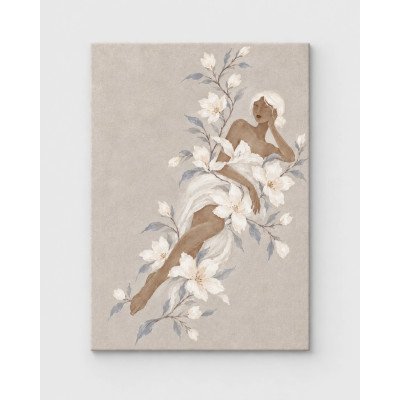 Sueño Floral, figura femenina entre flores blancas sobre gris | Lienzo en bastidor | LASACA