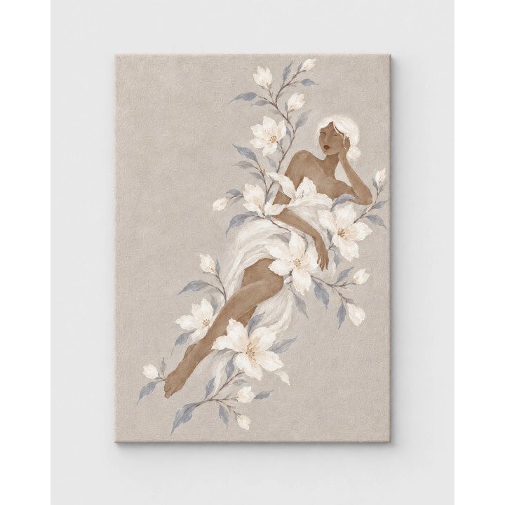 Sueño Floral, figura femenina entre flores blancas sobre gris | Lienzo en bastidor | LASACA