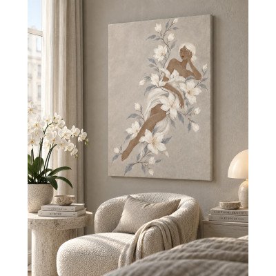 Sueño Floral, figura femenina entre flores blancas sobre gris | Lienzo en bastidor | LASACA
