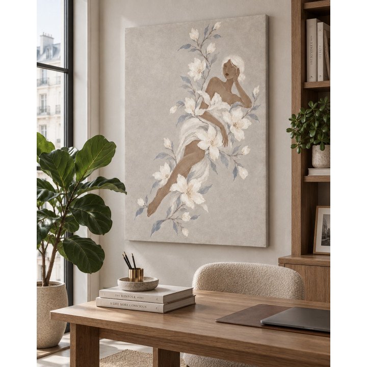 Sueño Floral, figura femenina entre flores blancas sobre gris | Lienzo en bastidor | LASACA