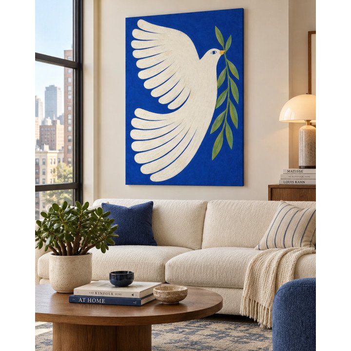 Cielo Interior, paloma marfil con rama verde sobre azul cobalto | Lienzo tensado en bastidor | LASACA