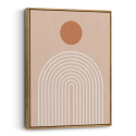 Cuadro en lienzo abstracto minimalista con círculo terracota y arcos concéntricos crema sobre fondo durazno