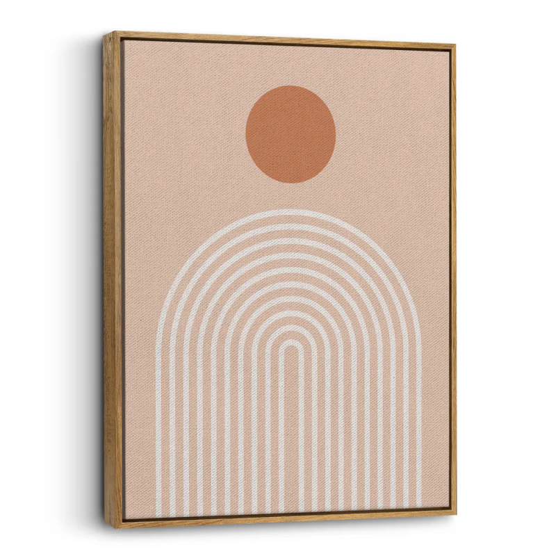 Cuadro en lienzo abstracto minimalista con círculo terracota y arcos concéntricos crema sobre fondo durazno