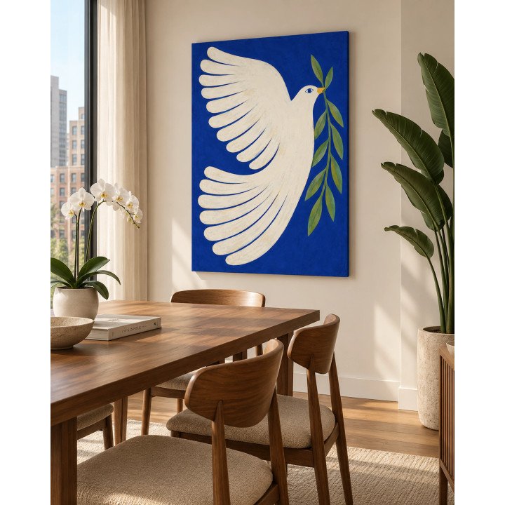 Cielo Interior, paloma marfil con rama verde sobre azul cobalto | Lienzo tensado en bastidor | LASACA