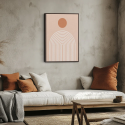 Cuadro en lienzo abstracto minimalista con círculo terracota y arcos concéntricos crema sobre fondo durazno