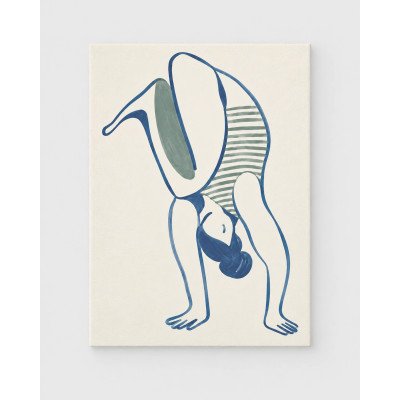 Giro Azul, figura acrobática de líneas azules y rayas verde salvia | Lienzo tensado en bastidor | LASACA