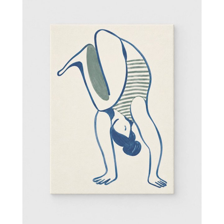 Giro Azul, figura acrobática de líneas azules y rayas verde salvia | Lienzo tensado en bastidor | LASACA