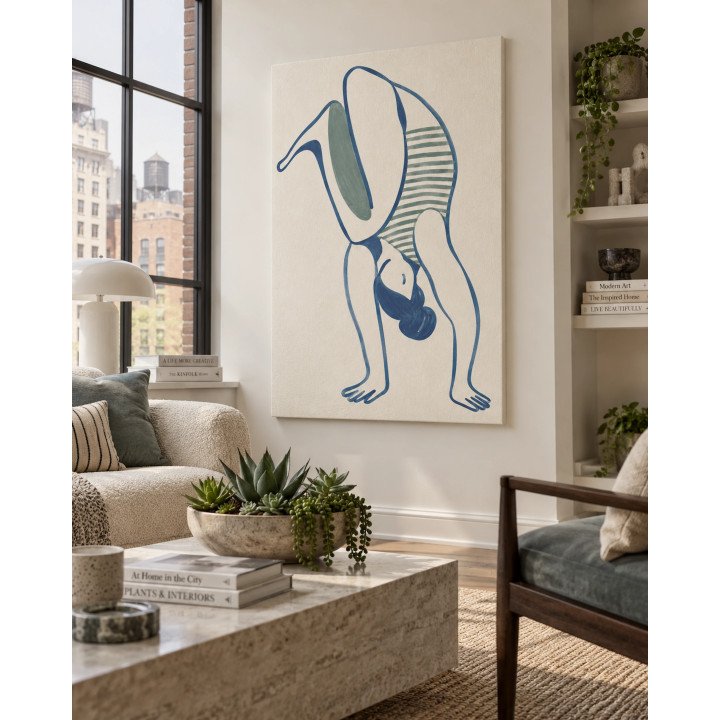 Giro Azul, figura acrobática de líneas azules y rayas verde salvia | Lienzo tensado en bastidor | LASACA