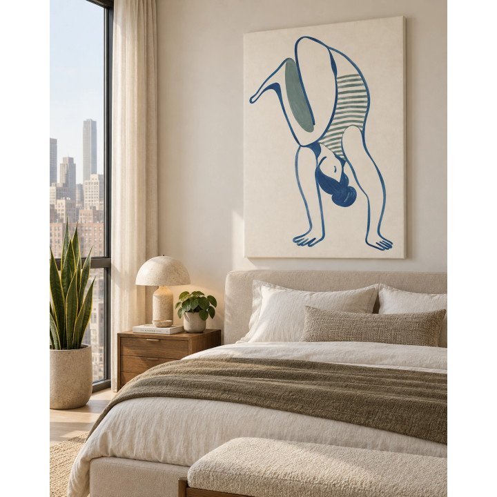 Giro Azul, figura acrobática de líneas azules y rayas verde salvia | Lienzo tensado en bastidor | LASACA