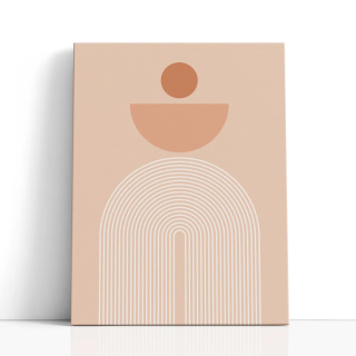 Cuadro en lienzo abstracto con círculo terracota, fondo beige rosado y arcos blancos minimalistas