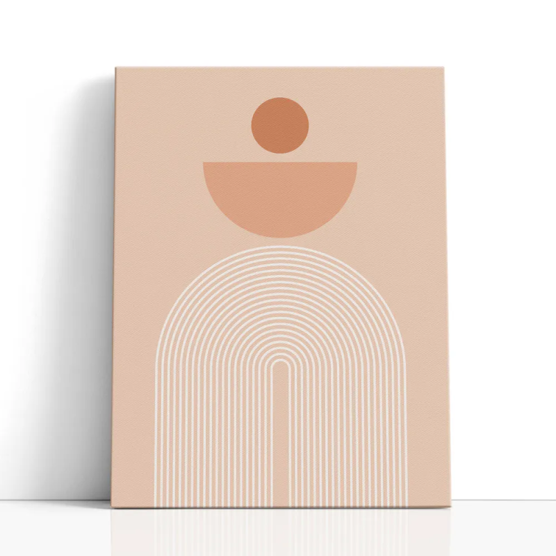 Cuadro en lienzo abstracto con círculo terracota, fondo beige rosado y arcos blancos minimalistas
