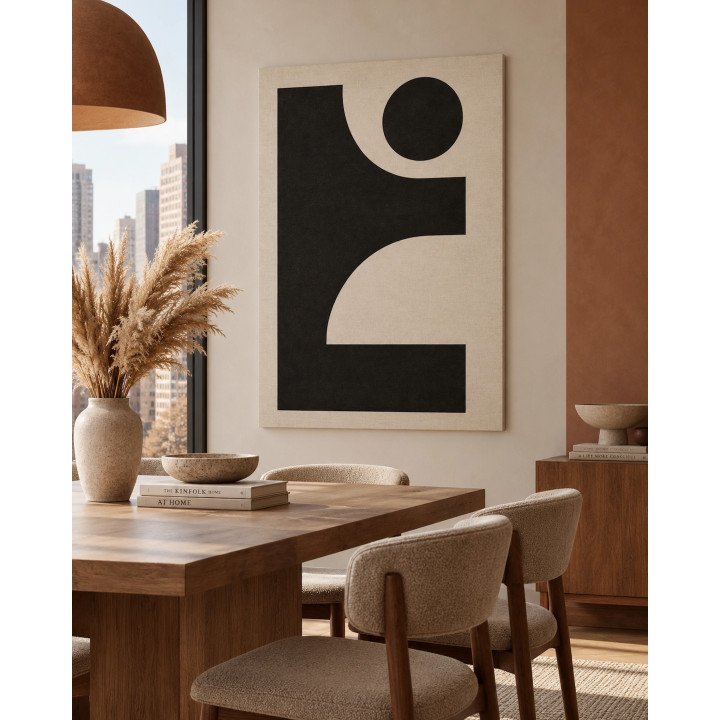 Figura Plena, silueta geométrica negra y círculo sobre beige | Lienzo tensado en bastidor | LASACA