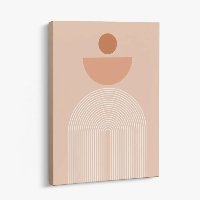 Cuadro en lienzo abstracto con círculo terracota, fondo beige rosado y arcos blancos minimalistas