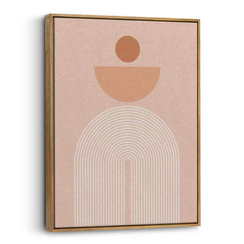 Cuadro en lienzo abstracto con círculo terracota, fondo beige rosado y arcos blancos minimalistas