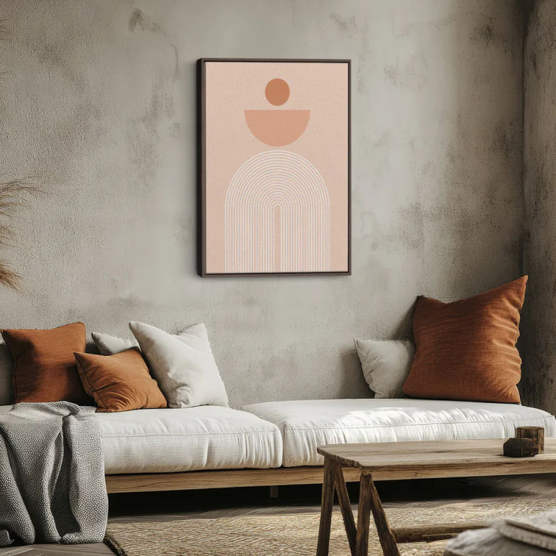 Cuadro en lienzo abstracto con círculo terracota, fondo beige rosado y arcos blancos minimalistas