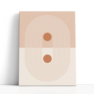 Cuadro en lienzo abstracto con arcos concéntricos en tonos crema y arena, círculos terracota y composición geométrica minimalist